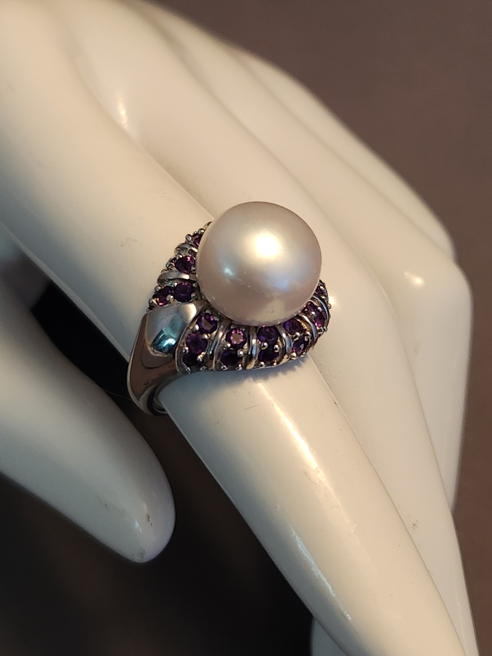 Cultured Pearl and Amethyst Halo Ring in Sterling Silver